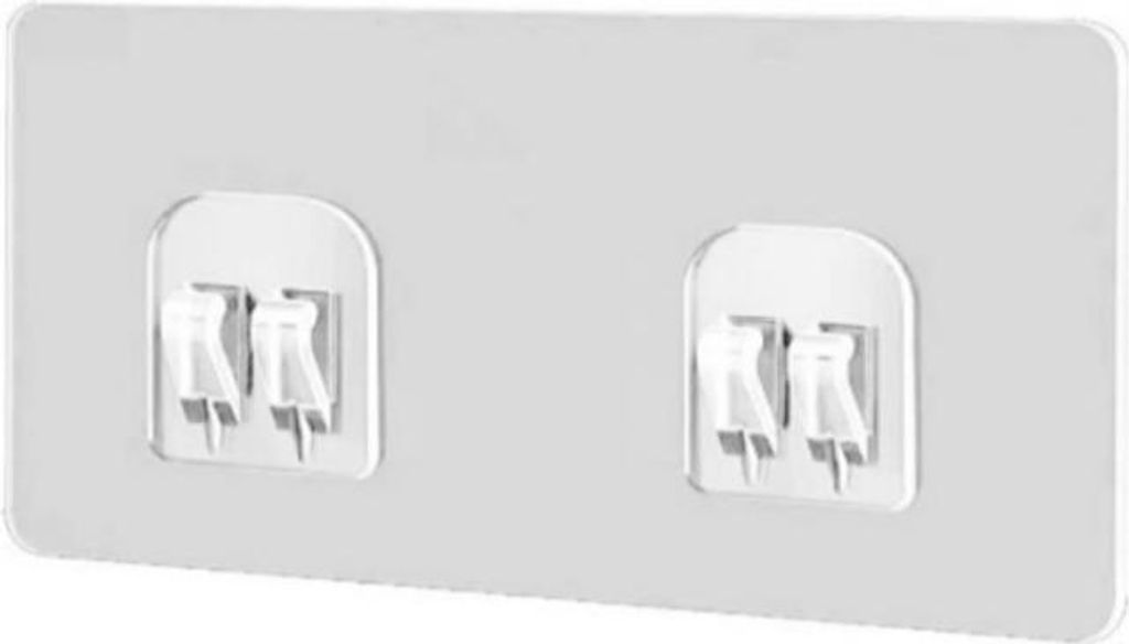 A clear adhesive hook with two pins.