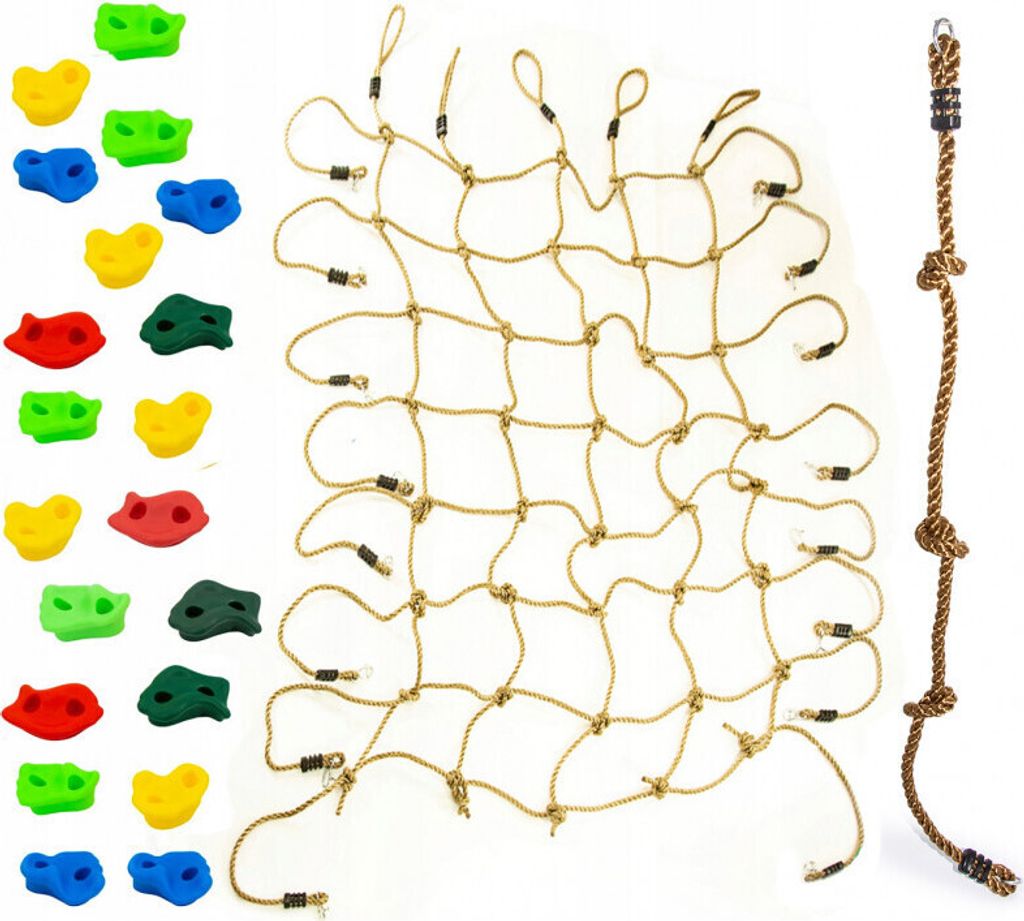 A set of climbing accessories including climbing holds, a climbing net, and a climbing rope, laid out on a white background.