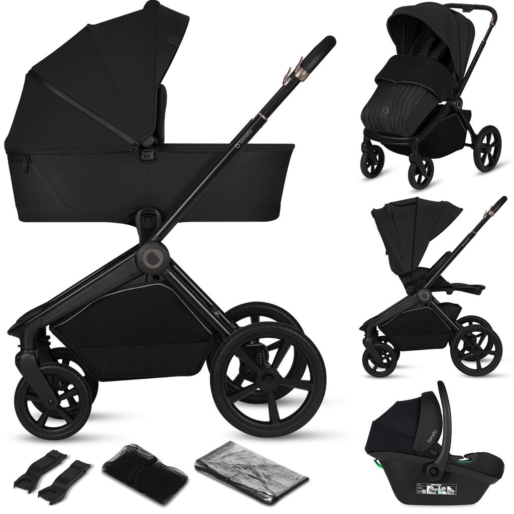 Lionelo Freya 3in1 Kombikinderwagen Set mit Babyschale i-Size, Babywanne & Buggy bis 22 kg, faltbar, Federung, XXL Sitz, UPF 50+ Schwarz