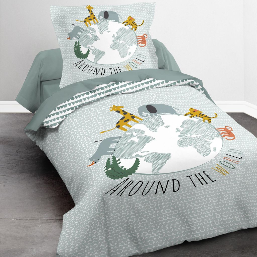 Kinderbettwäsche Set mit Tieren 135x200 80x80 cm Blaues Motiv mit Weltkugel und Spruch aus 100% Baumwolle mit Reißverschluss