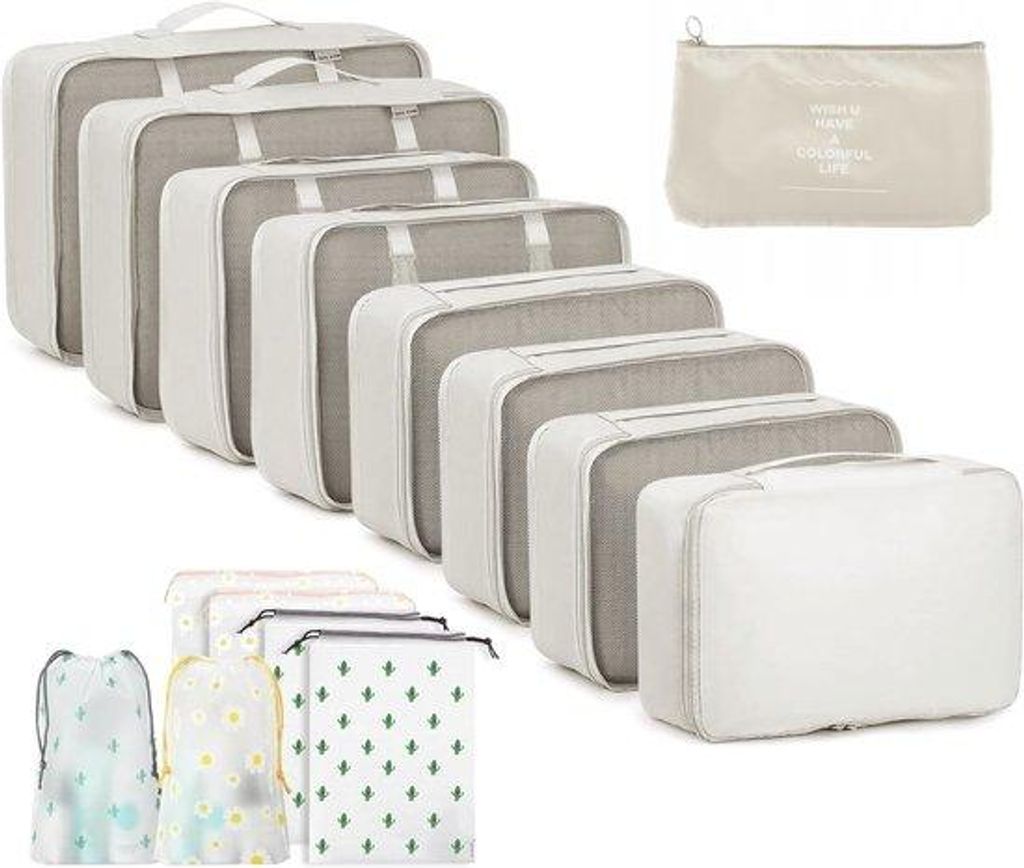 Reise-Organizer-Set 15-teilig – Wasserfest und kratzfest – Beige Koffer-Organizer für Kleidung und Accessoires