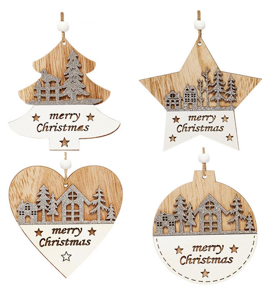 1/4 Stück Holz-Weihnachtsbaumschmuck „Frohe Weihnachten“ im Landhausstil, rustikal, doppellagig, mit Liebesherz und Stern in runder Form, Weih...