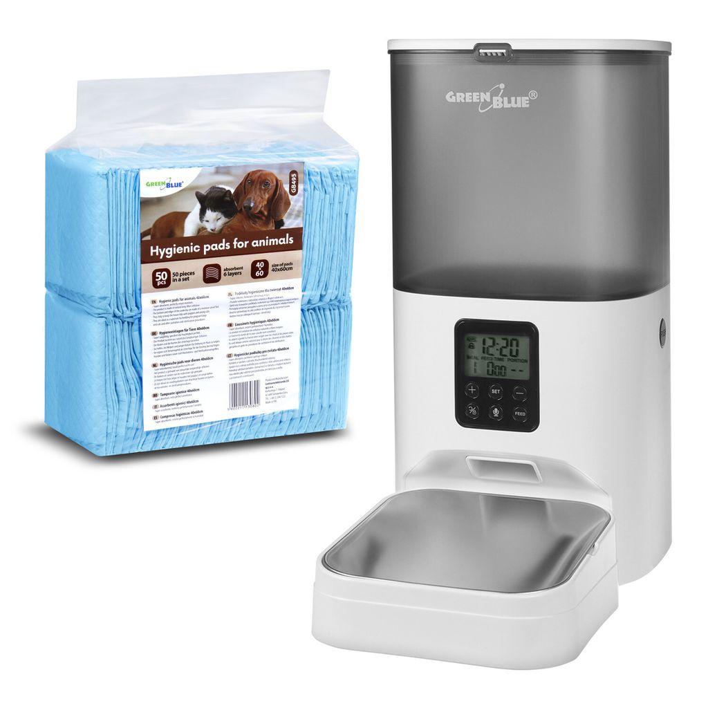 GreenBlue automatischer Futterspender für Haustiere 6L USB 5V1A GB393 + GreenBlue Hunde-/Katzenhygienematten für das Pipi-Training 60x40cm 50 Stück