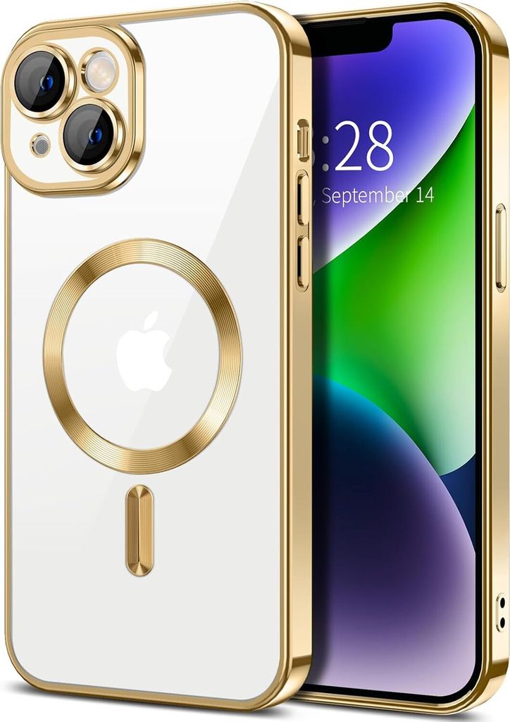 Magnetische Klar Hülle für iPhone 14, Kompatibel mit MagSafe, Elektroplattiert Handyhülle mit Kameraschutz Gold