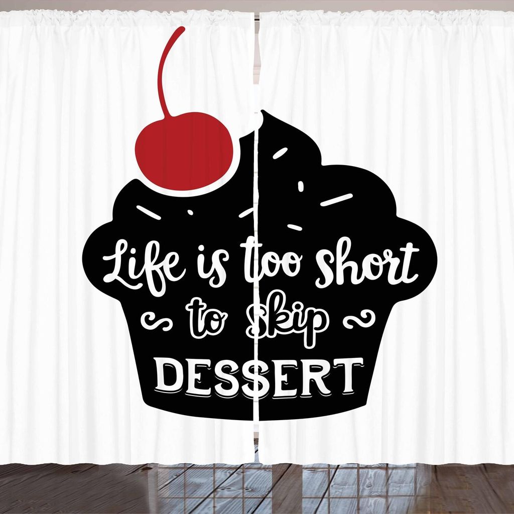 ARANDE Dessert Gardine, Das Leben ist zu kurz, Dessert Dessert Zitat Muffin Silhouette mit Kirsche zu überspringen, 280 x 245 cm, Schwarz Weiß Rot