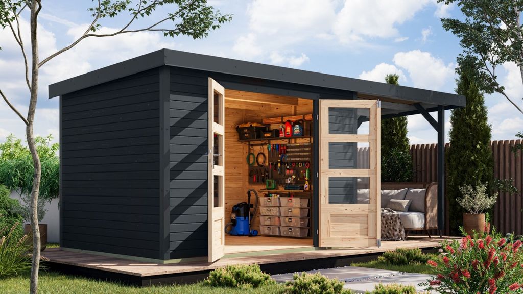 Karibu Gartenhaus Hybridhaus Metall Jupiter 4 im Set mit Anbaudach ca. 2,35 m breit anthrazit 514,5x213,5x209 cm