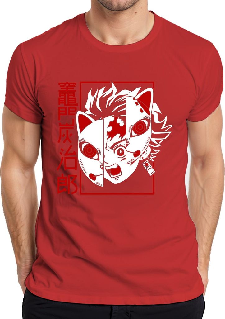 Tanjiro Kamado Kimetsu no Yaiba Fuchsmaske Anime Geschenk Herren T-Shirt, Rot, XXL
