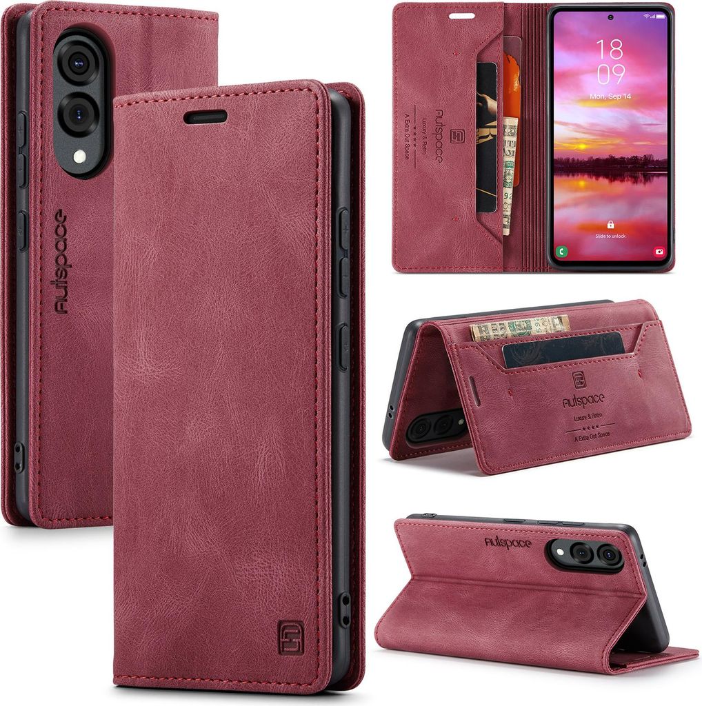 Hülle für Samsung Galaxy S25 Edge, Retro Kunstleder Tasche Kartenfächern und Ständer Schutzhülle Rot