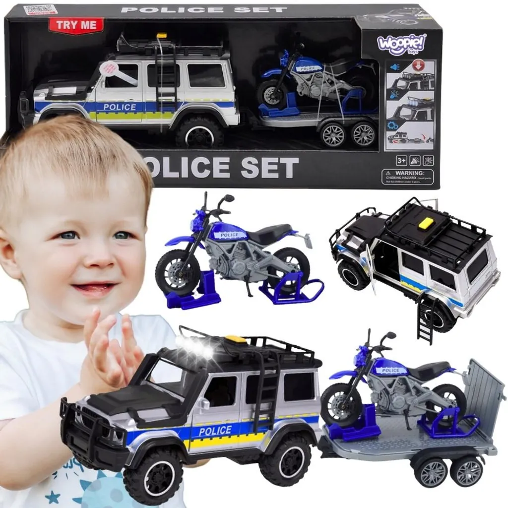 Véhicule Police Tout-Terrain Woopie avec Remorque et Moto d'Intervention