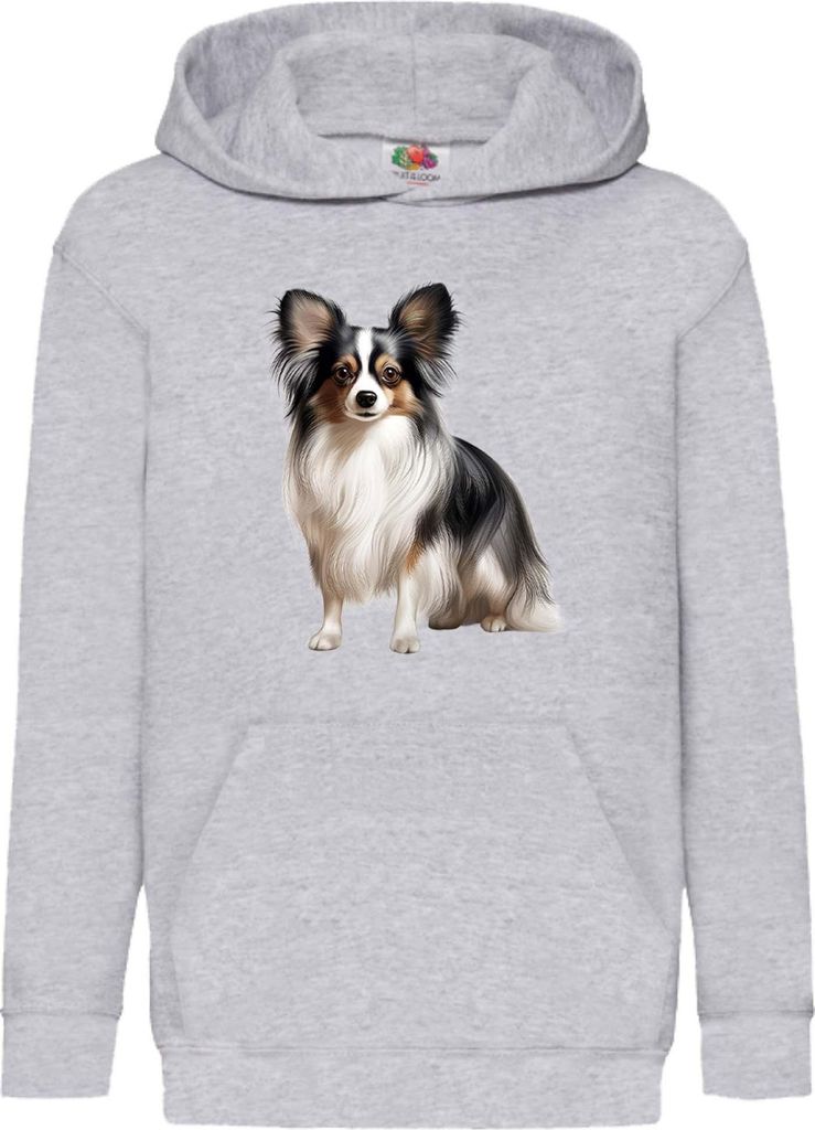 Kinder Kapuzenpullover Dogs Breeds Papillon Dog Breed 006, 7-8 Jahr - 128 / Grau