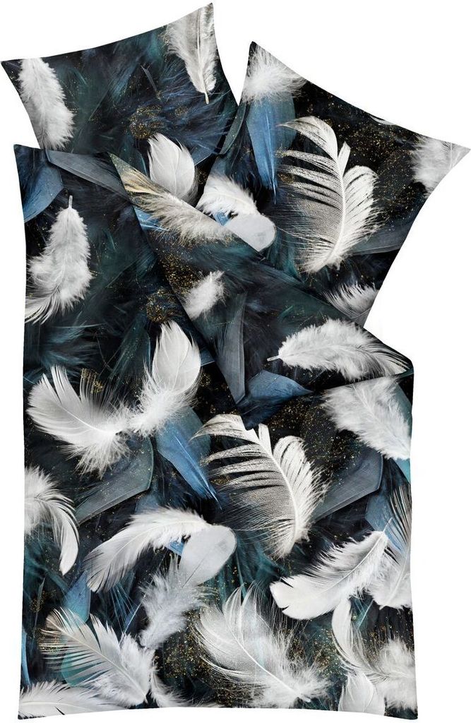 Kaeppel Mako Satin 135x200cm Digitaldruck Bettwäsche 2 tlg. Wolf Urwald Federn Abstrakt Baumwolle, Farbe:Federn