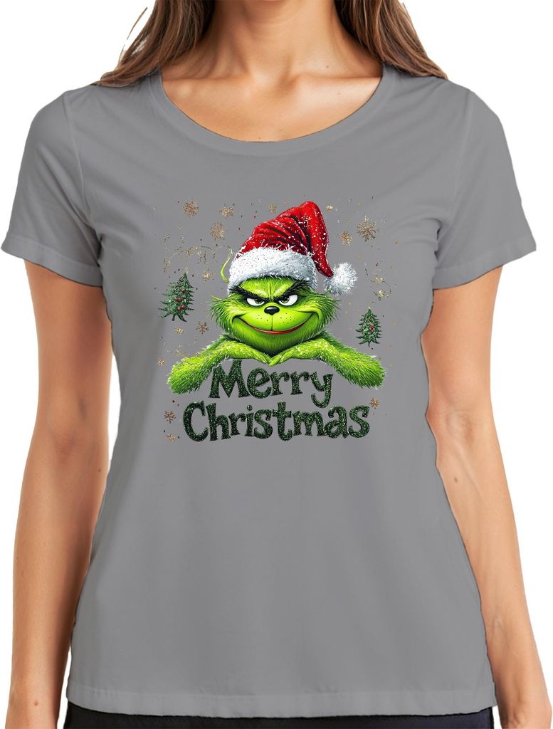 Grinch Merry Christmas Weihnachten Santa Hat Schneeflocke Geschenk Damen T-Shirt, Grau, XL