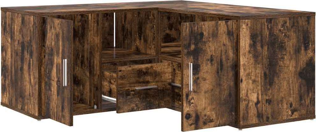 A corner cabinet with a rustic wood finish.
