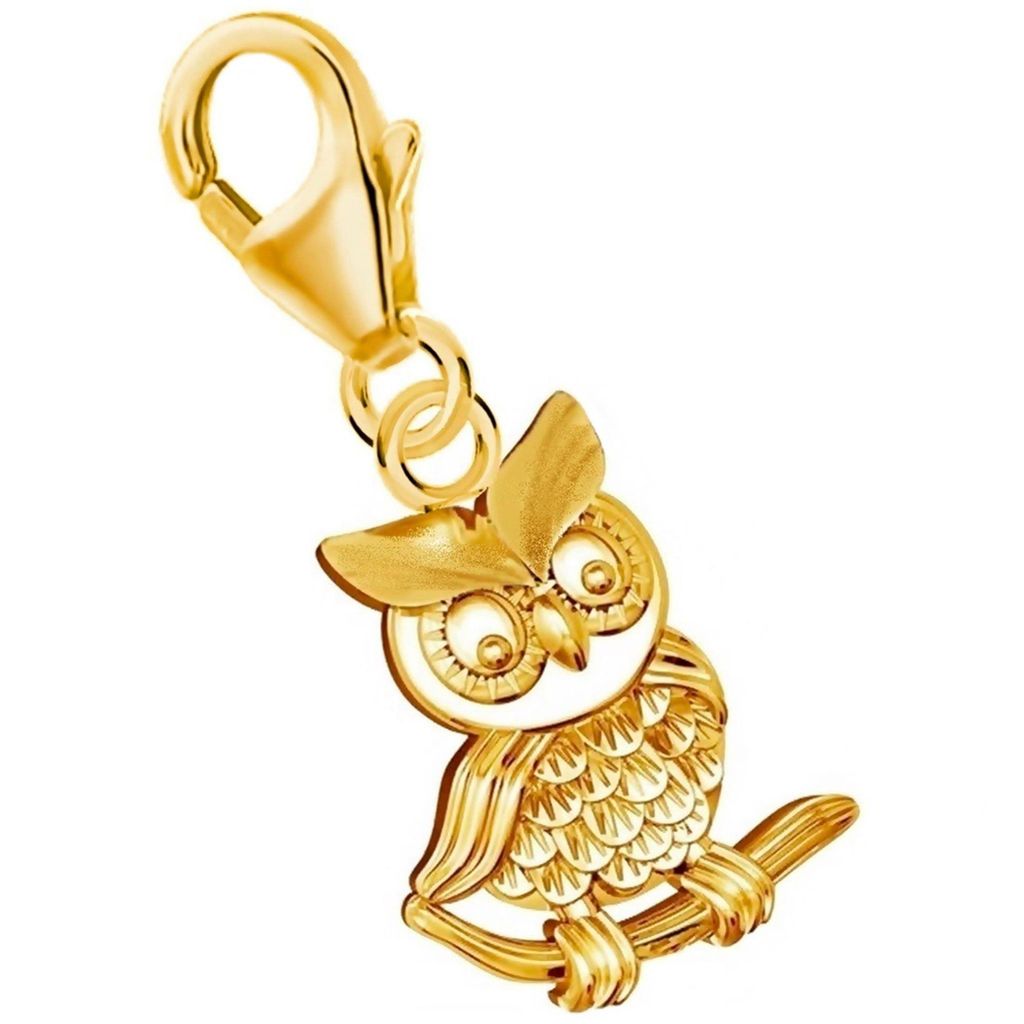 Vogel Charm Anhänger in Gelbgold mit Eule und Ast I Echtschmuck