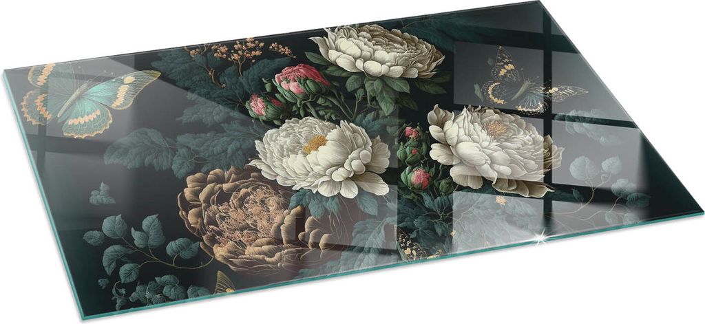Florales Muster mit Schmetterlingen – Glasbodenplatte für – Kaminofen – Kaminplatte Glas – Schutzglas – Funkenschutzplatte –Glasbodenp...