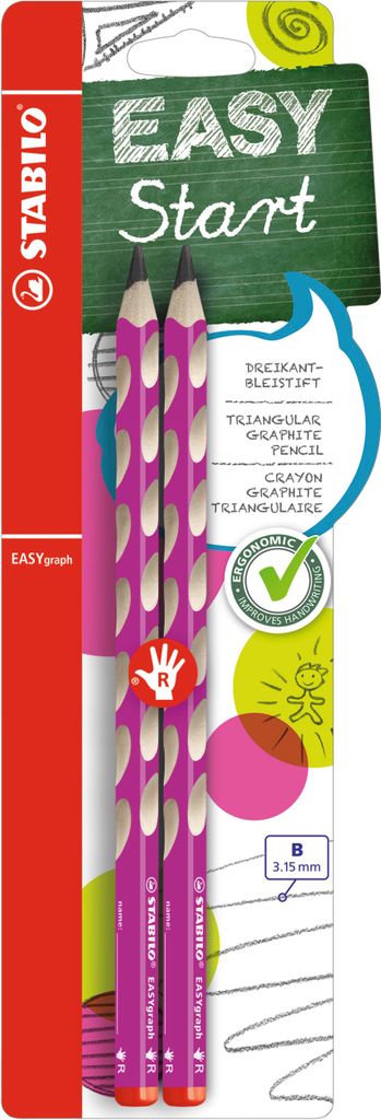 Ergonomischer Dreikant-Bleistift für Rechtshänder - STABILO EASYgraph in pink - 2er Pack - Härtegrad B