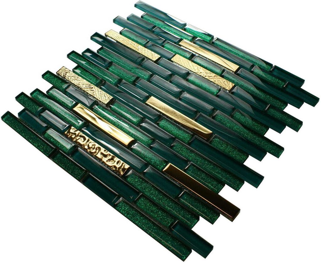 A sheet of green and gold mosaic tiles.