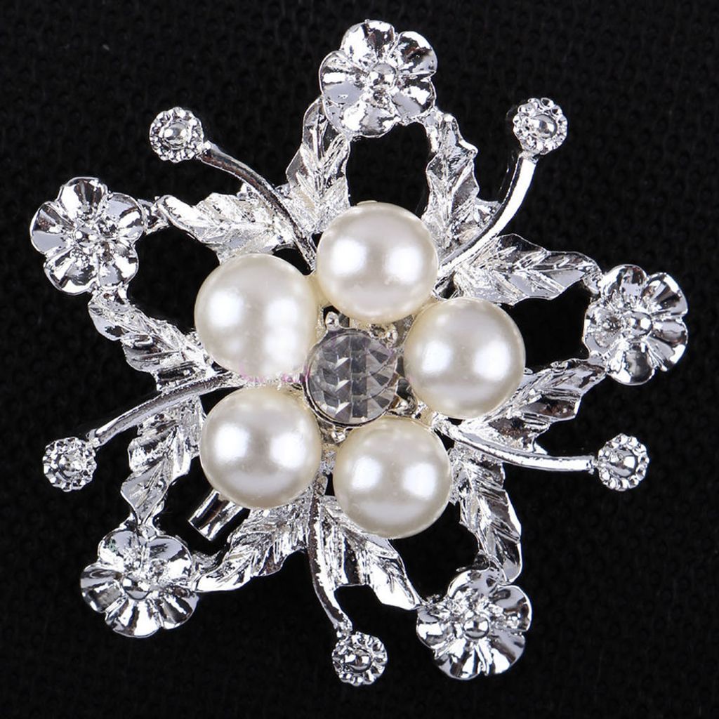 Brosche mit Strasssteinen, Kunstperle, Blumenbrosche, Blumenstrauß, Hochzeit, Brautschmuck-Silber