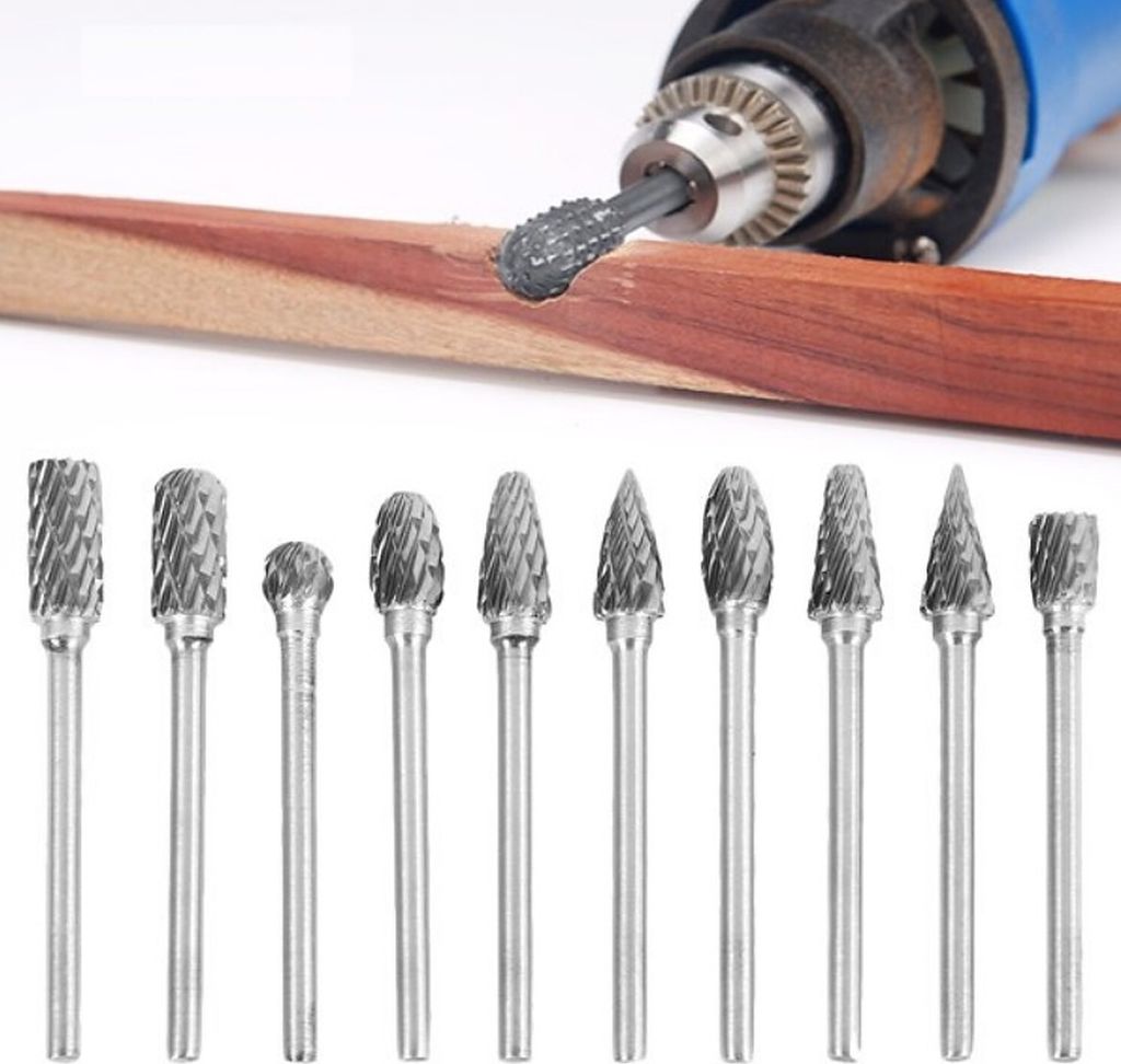 10x Hartmetallfräser Set 3mm Schaft | Frässtift für Holzbearbeitung, Gravur, Metallschnitzerei | Schaftfräser VHM 3x6mm | Wolframkarbid Konusfr...