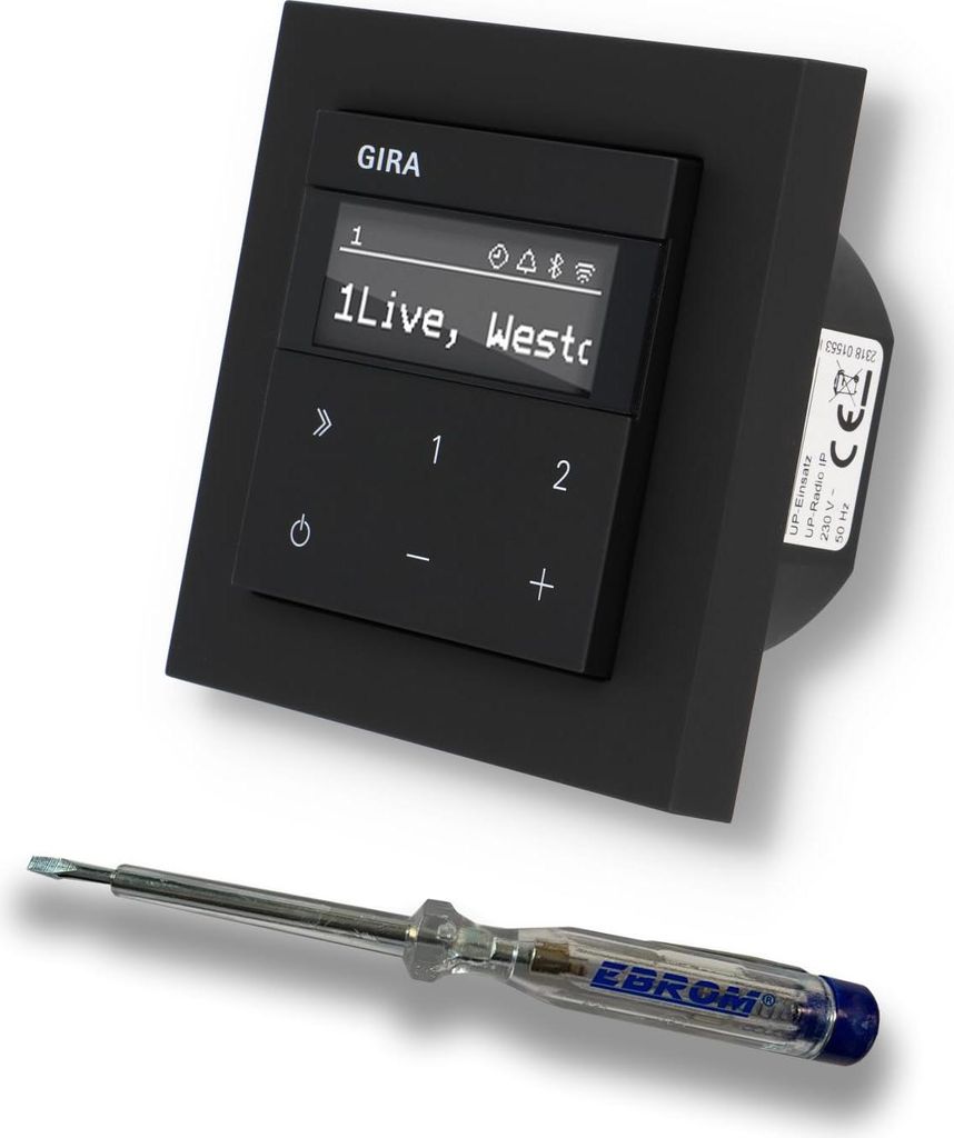 Gira Unterputz IP Internetradio 232003 + Bluetooth - E2 schwarz matt mit 1fach Rahmen Gira 021109 inkl. EBROM Phasenprüfer zur Montage des Geräts