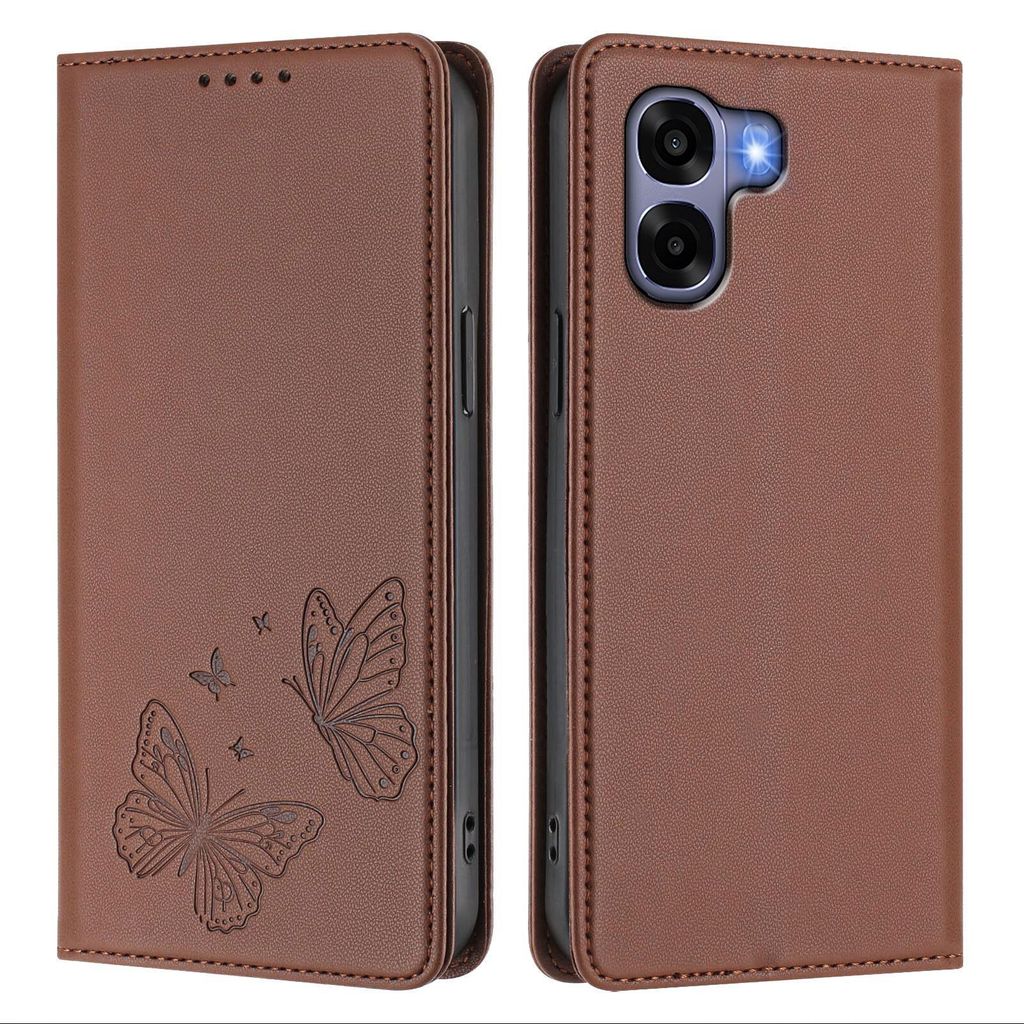 Lederhülle für Oppo A6X 4G, Schmetterling Prägung Leder Brieftasche Schutzhülle mit Ständer Braun