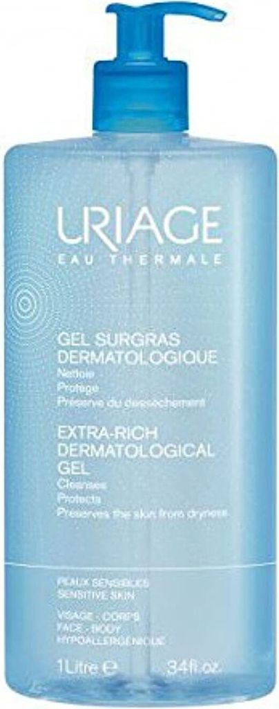 A clear, front-facing shot of a large bottle of Uriage Extra-Rich Dermatological Gel with a blue pump dispenser.