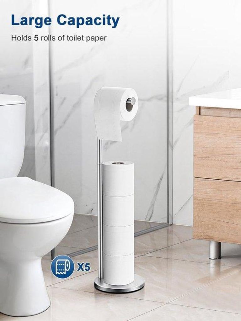 Freistehender Toilettenpapierhalter, moderner Toilettenpapierhalter aus Edelstahl, Badständer für 5 Papierrollen, rutschfester und rostfreier Toi...