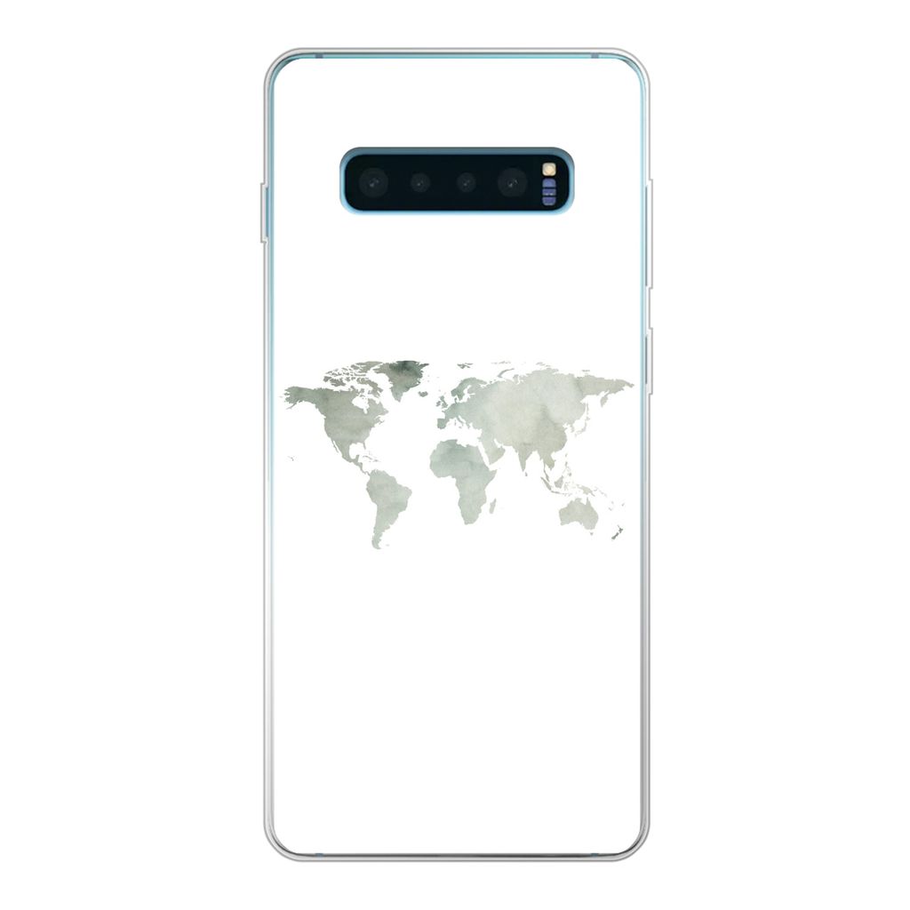 MuchoWow Handyhülle Schutzhülle Hülle für Samsung Galaxy S10 Plus Weltkarte - Grün - Grau Silikon Softcase Handy Hülle - Schutzhülle