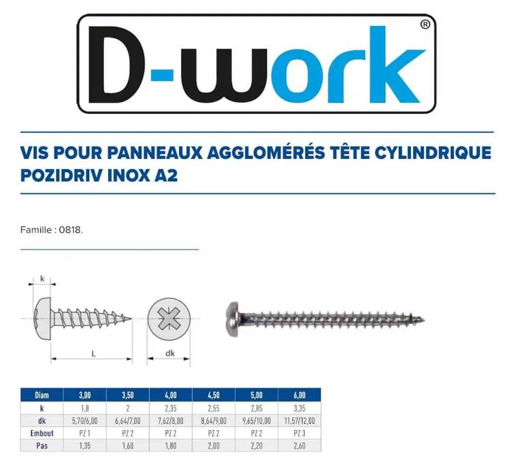 Vis bois 4.5x60 mm Inox A2 anti-corrosion et tête Pozidriv - 200 pièces