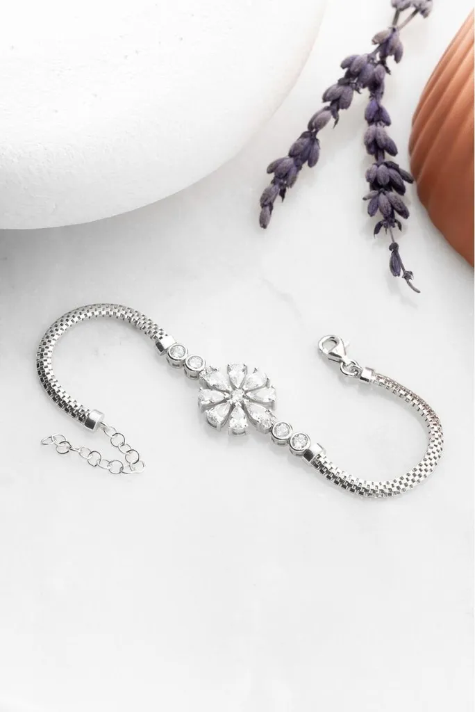 Bracelet femme en argent 925, pendentif fleur et zircone rhodié