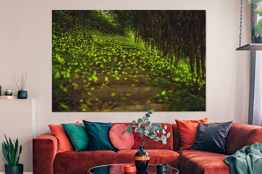 OneMillionCanvasses - Leinwandbilder - 150x100 cm, Grüne Glühwürmchen fliegen tief über eine flache Landschaft, Wandbilder Kunstdruck Wanddek...