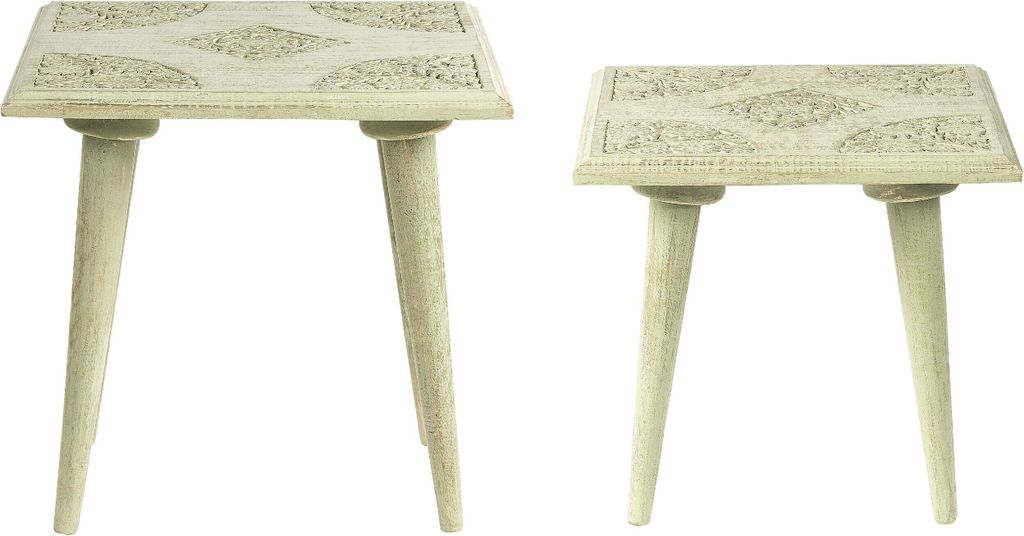BELIANI Beistelltisch 2er Set Hellgrün und Gold Mango Holz Quadratisch Geschnitzt Handgefertigt Boho Couchtisch Wohnzimmer Ausstattung Möbel Zube...