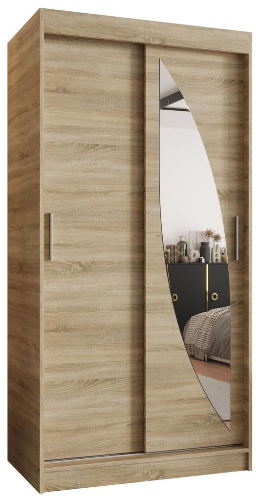 Kryspol - Kleiderschrank mit Spiegel, 100 cmx200x62cm, 2 Tür, MILO 100, Sonoma Eiche