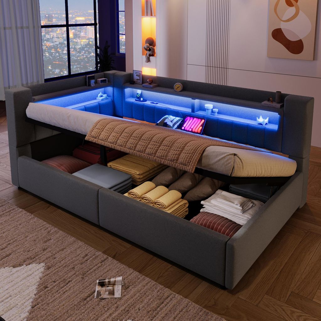 Merax Tagesbett 90x200 cm, Polsterbett mit Ausziehbett, hydraulischem Stauraum, USB Typ-C, LED-Beleuchtung, Sofabett, Leinen Daybett, Grau