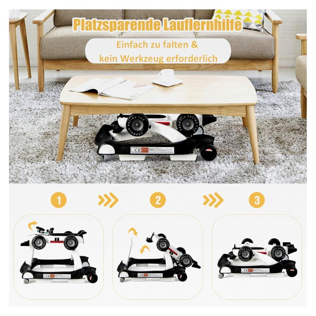 Lauflernhilfe, 4 in 1 Autoförmiger Lauflernwagen mit einstellbarer Geschwindigkeit, Musik und Licht, Höhenverstellbar und Klappbar, Gehfrei für ...