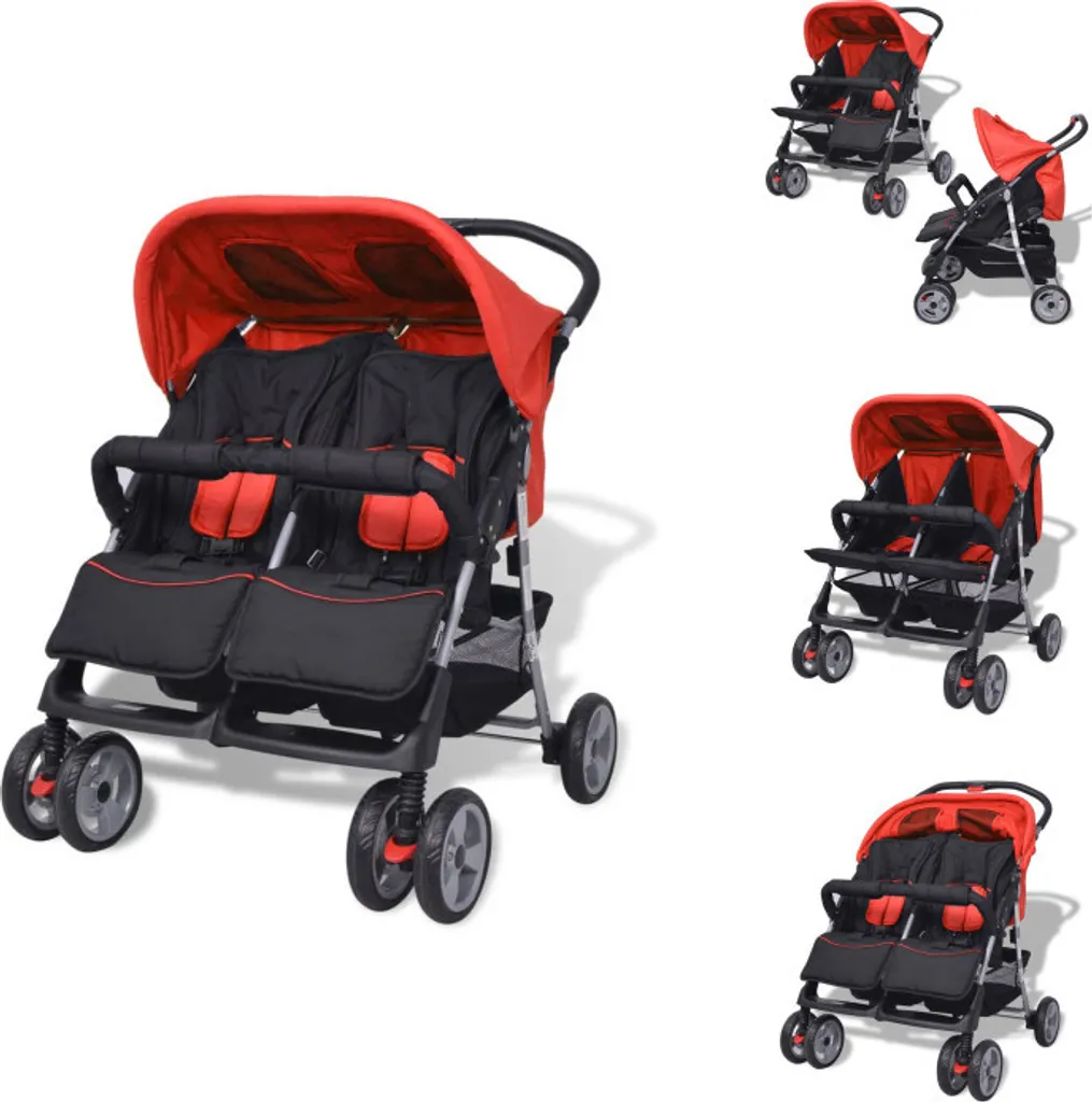 Poussette jumelle robuste acier rouge et noir avec sièges confortables