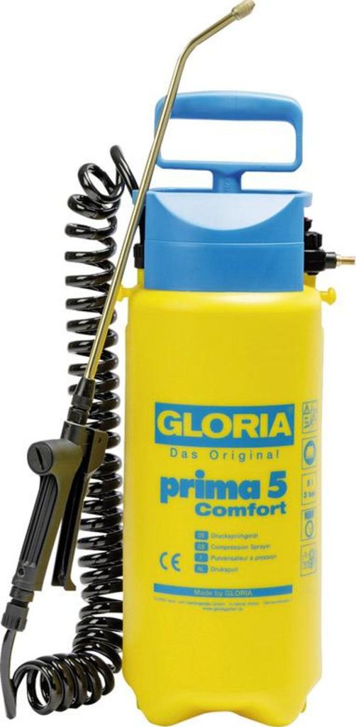 A yellow pressure sprayer with blue accents and a black hose and spray nozzle.