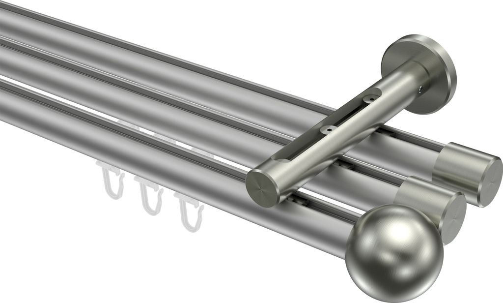 Interdeco Innenlaufstange / Gardinenstange mit Innenlauf Silbergrau / Edelstahl-Optik, Typ Siteno Luino (Kugel), 20 mm Ø 3-läufig, 160 cm