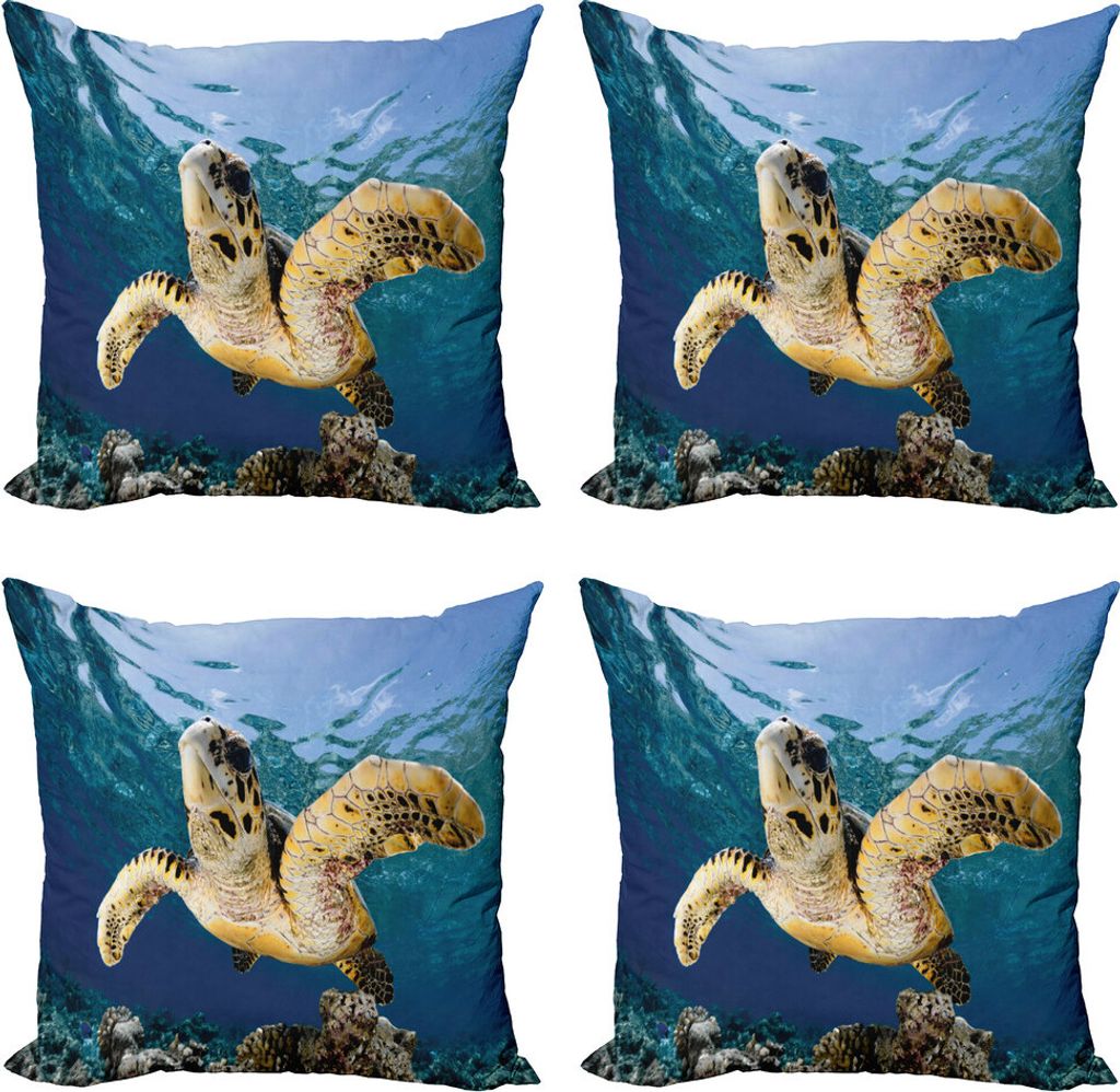 ABAKUHAUS Schildkröte Kissenbezug Set (4 Stück), Karettschildkröten, Moderner Doppelseitiger Digitaldruck, 50 cm x 50 cm, Blaues lila Gelb