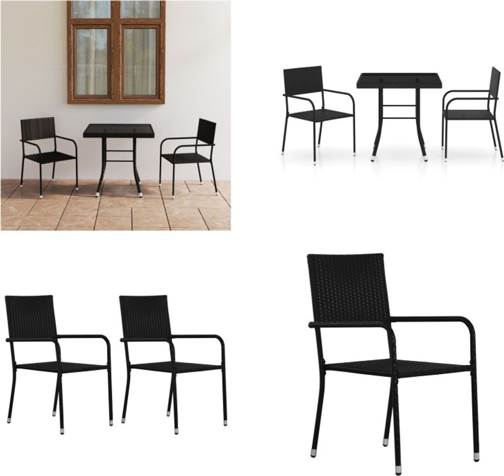 vidaXL 3 tlg. Garten Essgruppe Poly Rattan Schwarz - Gartenmöbel-Set - Gartenmöbel-Sets - Gartentisch Und Stühle - Gartentische Und Stühle