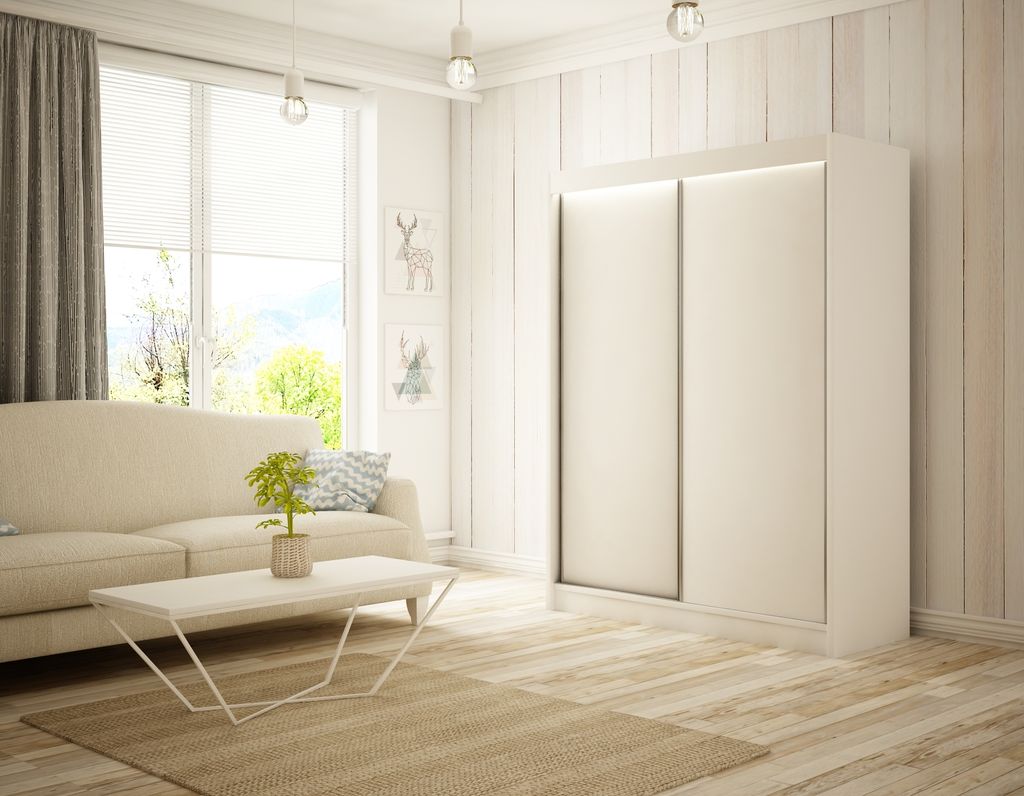Kleiderschrank Saturn 150 cm inklusive 2 Schiebetüren Kleiderstange Garderobe Schrank Lieferung bis in die Wohnung (Farbe: weiß)