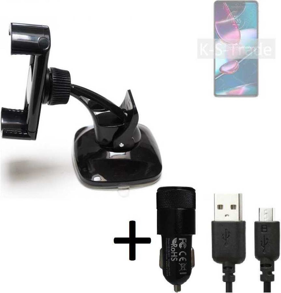 K-S-Trade Halterung kompatibel mit Motorola Edge Plus 2022 Windschutzscheibe / Armaturenbrett + LADEGERÄT mit Mico USB Kabel Autohalterung KFZ Halter