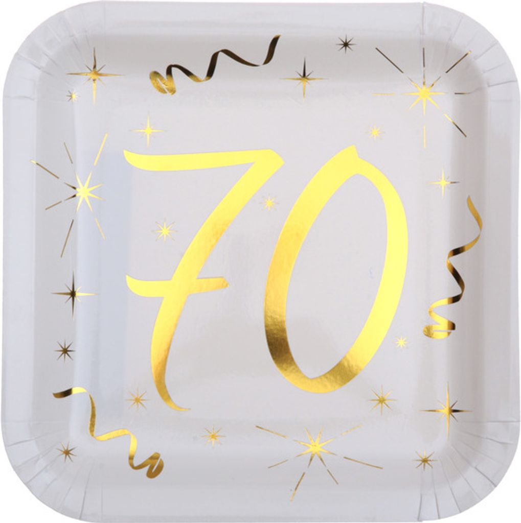 10 Papp-Teller Geburtstag 70 weiß-gold