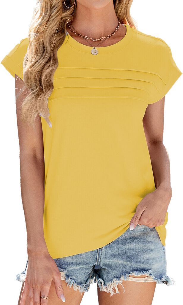 ASKSA Damen T-Shirt Einfarbig Rundhals Oberteile Blusen Fluegelaermeln Basic Tops Sommer Casual Lose Shirts (Gelb,L)