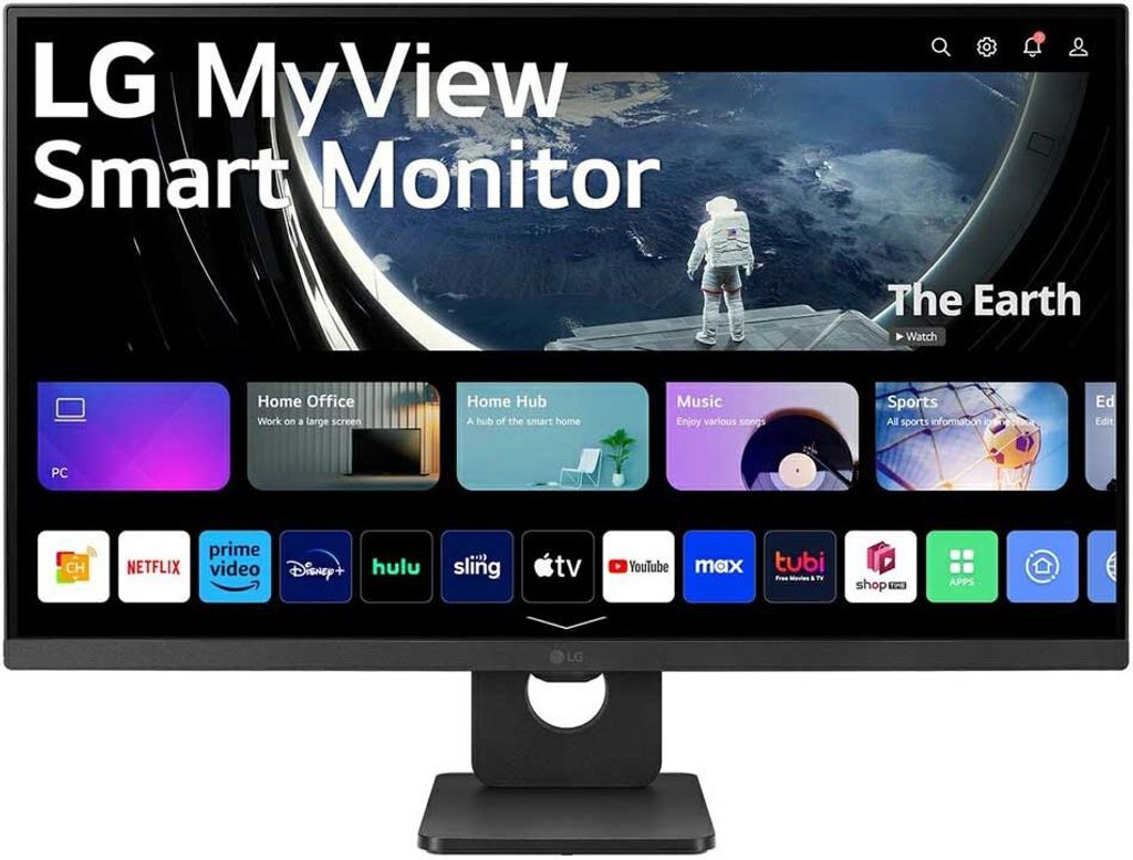 A smart monitor displaying a variety of apps and content, with an astronaut looking at Earth in the background.
