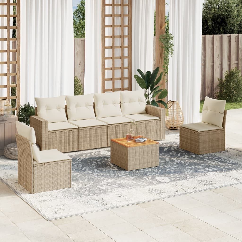 Design 7-tlg. Garten-Sofagarnitur mit Kissen Beige Poly Rattan, Gartenmöbel-Sets 2024 Neu