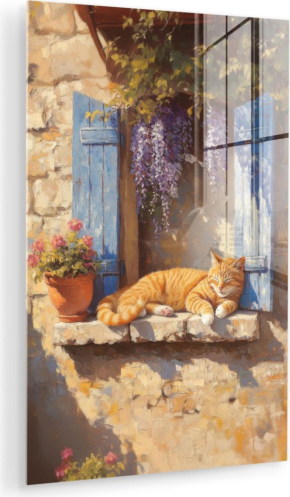 MuchoWow Glasbilder - Bilder auf Wandbild - Foto auf Glas Katze - Fensterbank aus Stein - Blumen 60x90 cm Wanddekoration aus Glas - Acrylglasbild -...