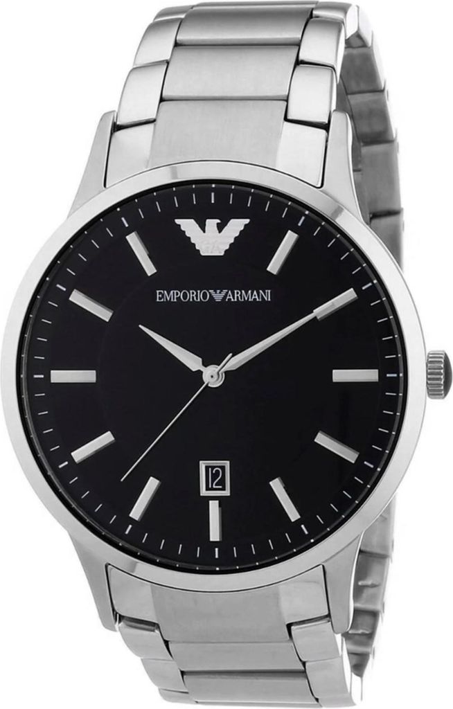 A close-up studio shot of an Emporio Armani watch.