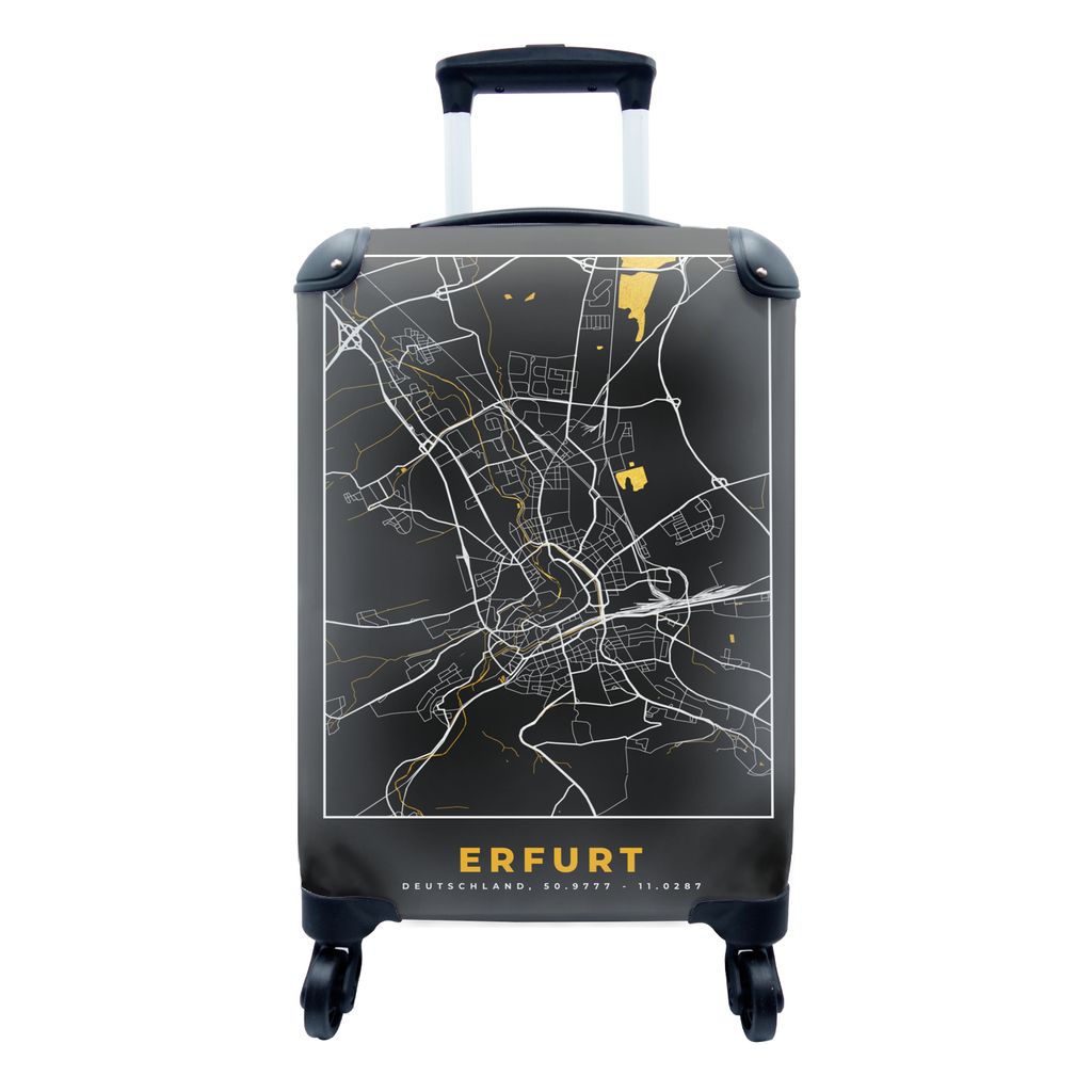 MuchoWow Koffer Handgepäck Trolley Rollkoffer Kleine Reisekoffer mit 4 Rollen - Schwarz und Gold - Stadtplan - Erfurt - Deutschland - Karte - Ca...
