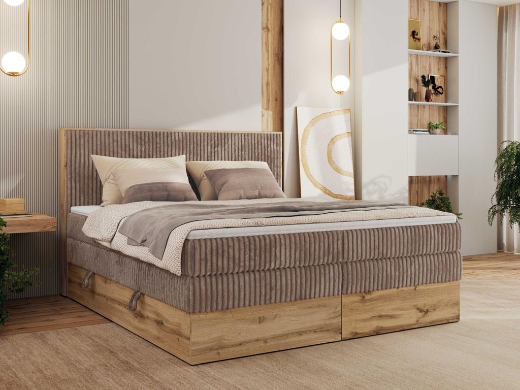 MKS MEBLE Boxspringbett WOOD CLASSIC KING, Doppelbett mit zwei Multipocket-Matratze und Topper Visco, hohe Kopfteil, Stauraum - 140 x 200 cm - H4 -...